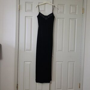 Black velvet, beaded, floor-length dress